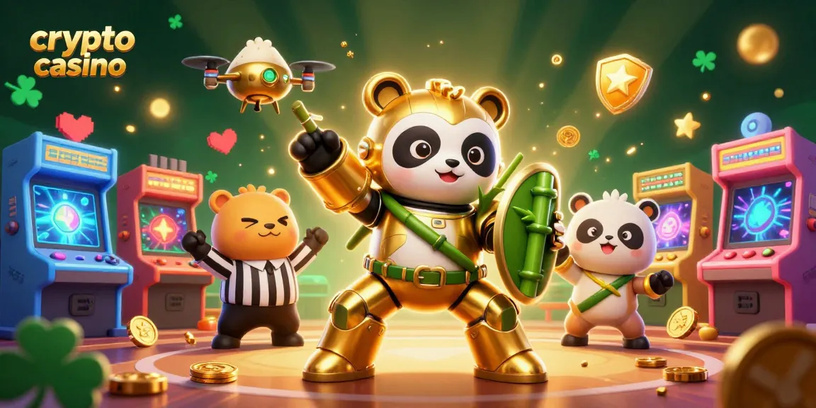 Découvrez une illustration captivante d'un crypto casino avec un panda doré et des machines à sous colorées.