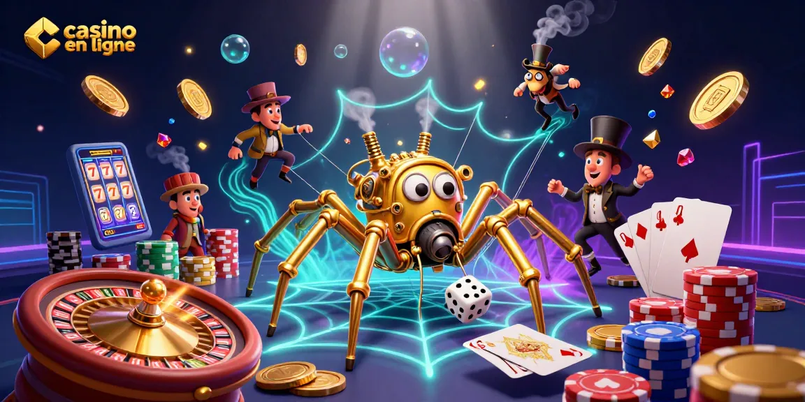 Faites vos jeux au casino en ligne avec une araignée en steampunk tissant sa toile d'or entourée de jetons.