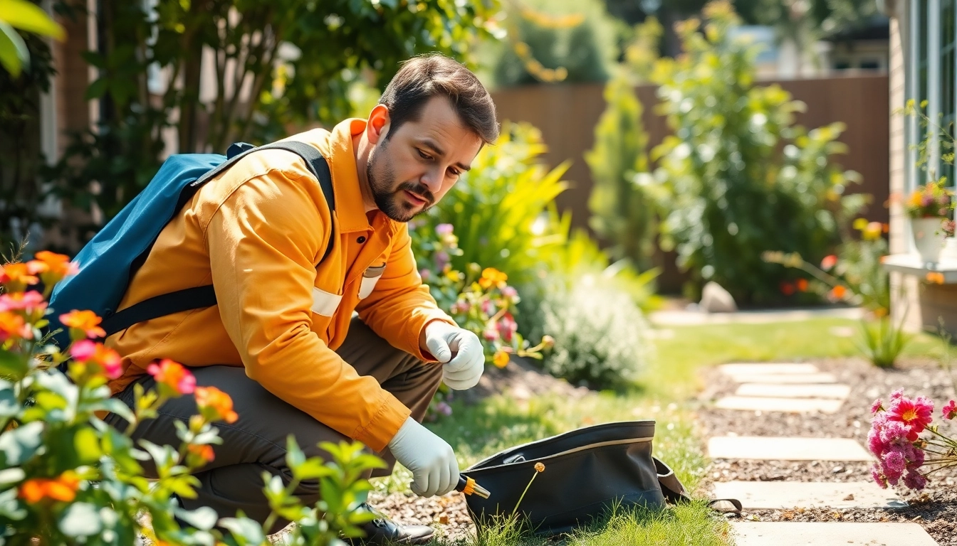 Provides insect control service near me with a technician inspecting a backyard.