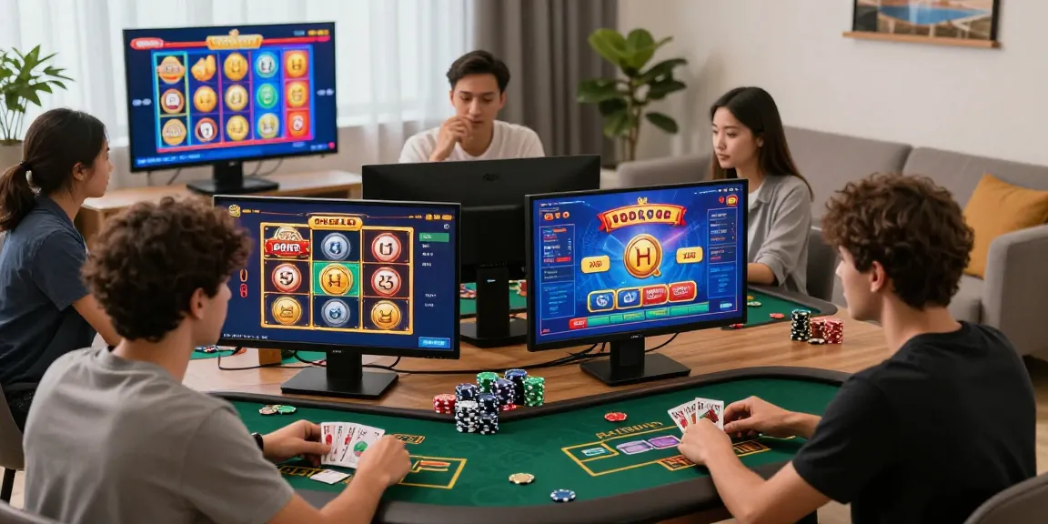Exciting online gaming atmosphere with players engaging at credit card casinos at https://scoarch.org.uk, surrounded by vibrant game displays and digital devices.