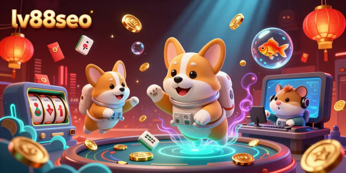 Watch the vibrant 3D casino scene with the lv88seo brand featuring a floating corgi and engaging game elements.