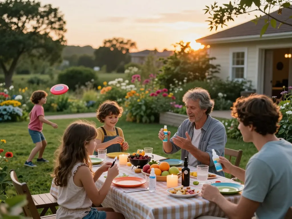 Mosquito repellent products being enjoyed at an outdoor barbecue during sunset with families and friends.