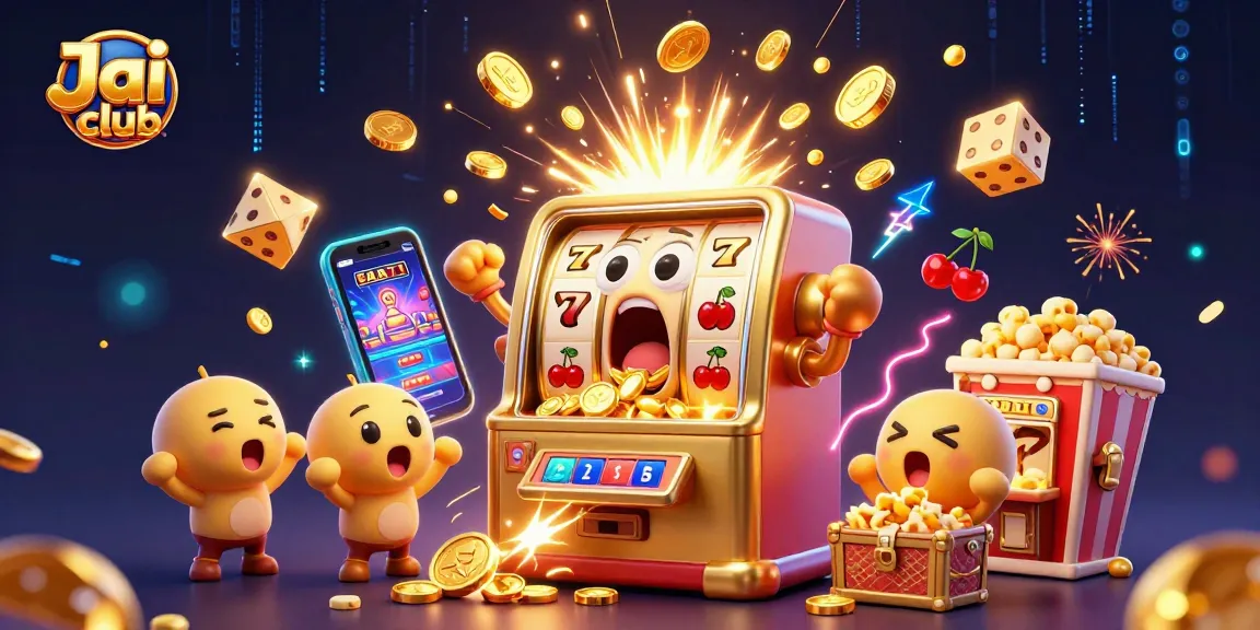 Jai club showcases a golden slot machine hitting a jackpot amidst vibrant casino action, embodying gaming excitement.