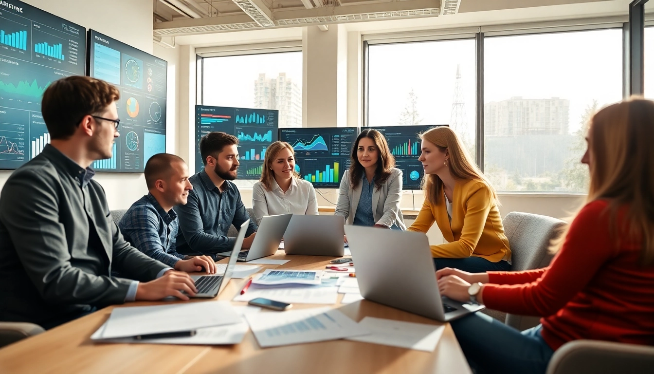 Digital marketing company team analyzing strategies in a bright office environment.