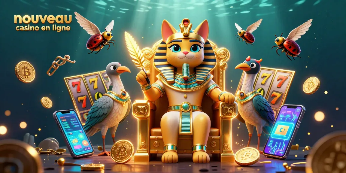 Visualisez le nouveau casino en ligne avec un pharaon égyptien et des éléments de machines à sous.