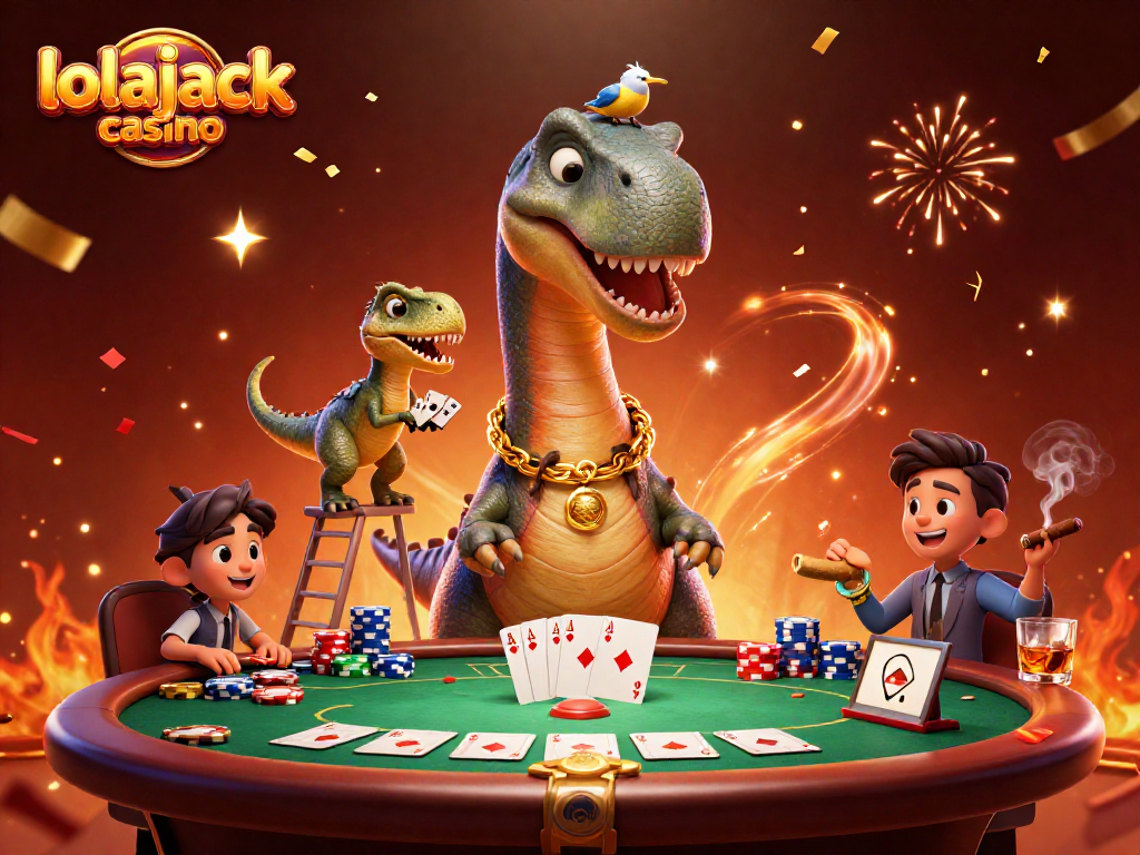 Engage with lolajack casino's vibrant poker scene featuring a gigantic brontosaurus and card-dealing raptor in 3D.