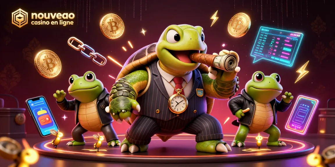 Une illustration dynamique d'un nouveau casino en ligne avec une tortue et des grenouilles, représentant le ludisme.