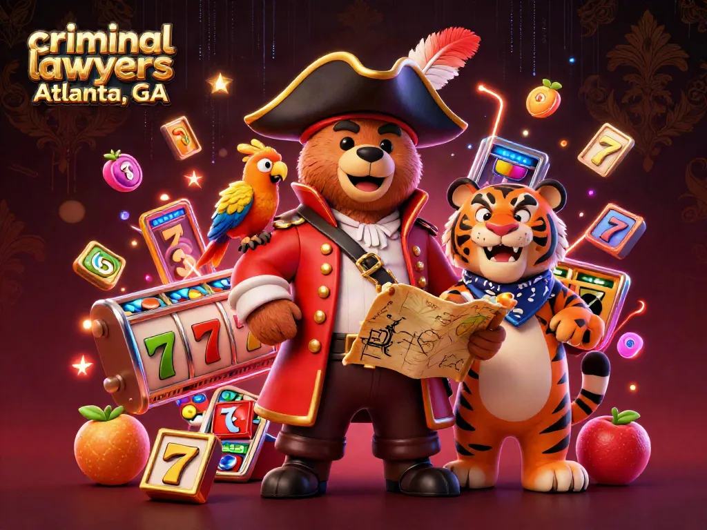 Engaging scene depicting criminal lawyers Atlanta, GA with a cartoon pirate captain bear and slot game elements.