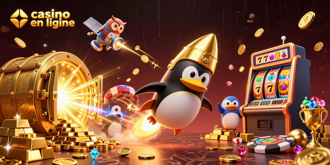 Jouez à des jeux de casino en ligne avec un pingouin doré et des trésors scintillants.
