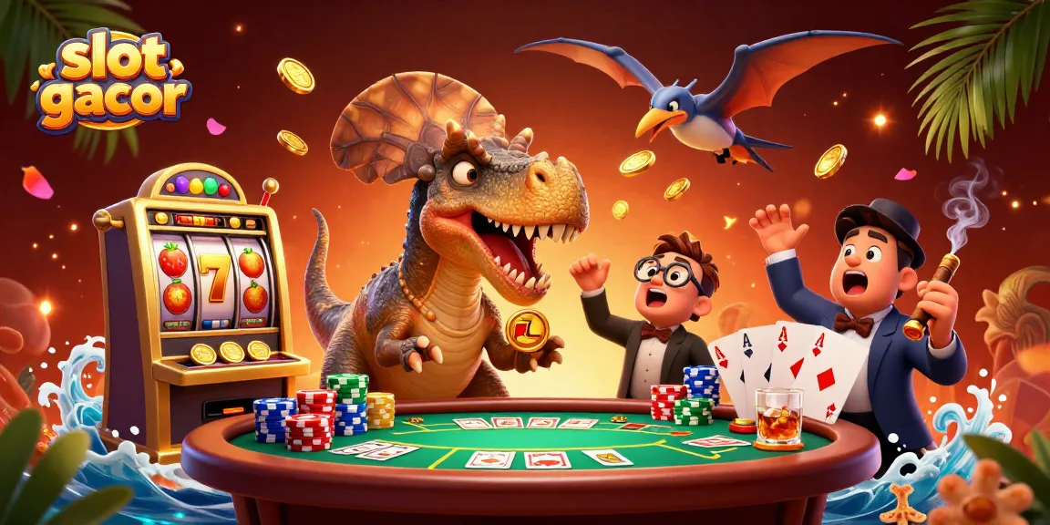 Slot gacor highlights a dynamic slot machine scene with animated dinosaurs in a casino setting.
