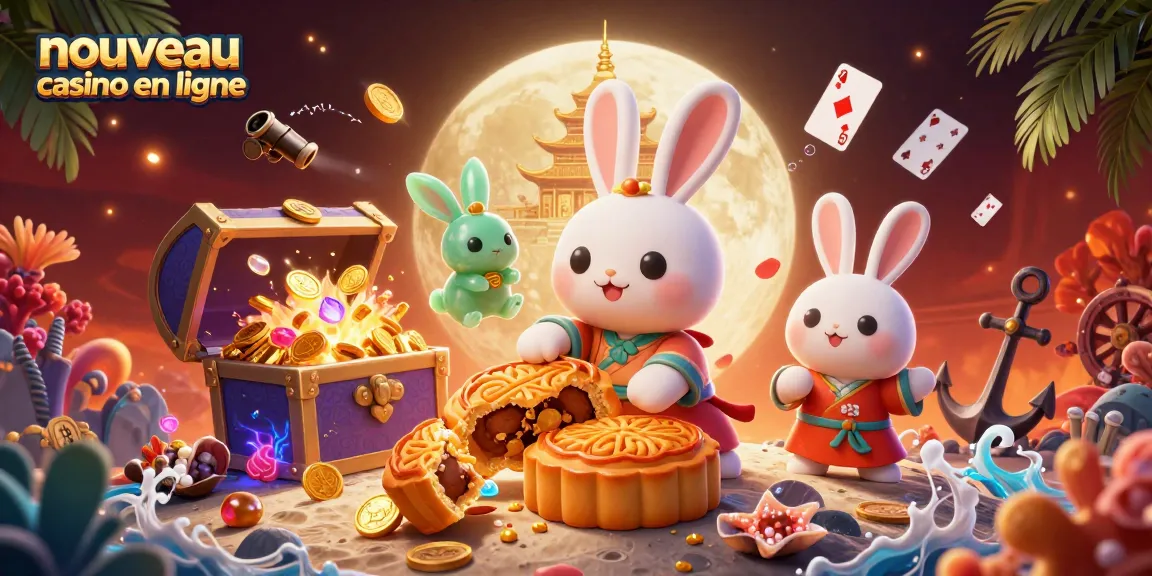 Illustration d'un nouveau casino en ligne avec un lapin lunaire et des jetons de poker émergents.