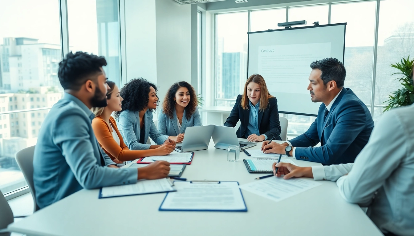 Team collaborating on contracts and grants in a bright, professional office setting.