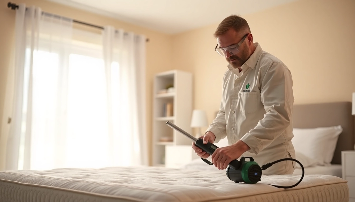 Implementing effective bed bug control with a professional technician in a clean bedroom.