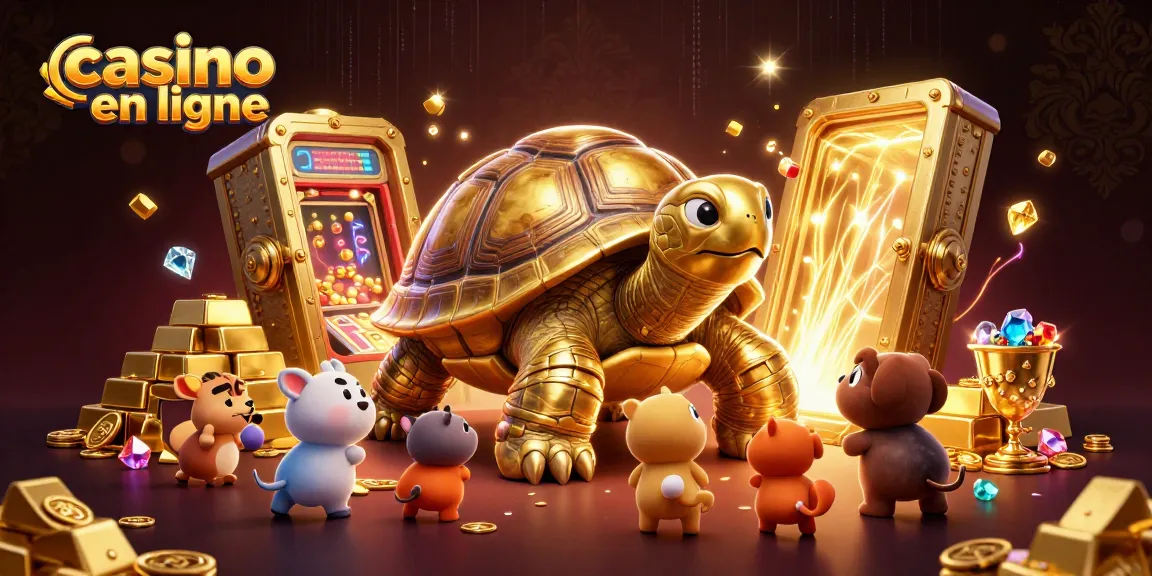 Jouez au casino en ligne avec une tortue en machine à pinball, entourée d'or et de trésors.