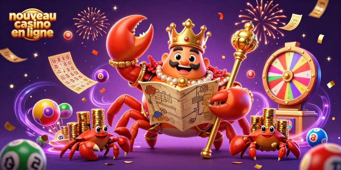 Illustration captivante représentant un nouveau casino en ligne avec un crabe doré majestueux et des éléments de jeu autour.