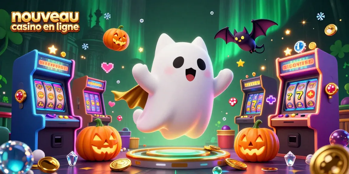 Illustration de casino hanté avec un chat fantôme et un vampire mettant en avant le nouveau casino en ligne.