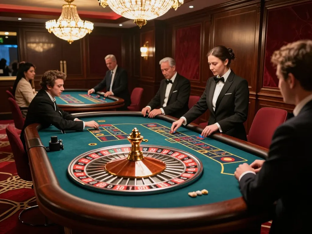 Experience strategic gameplay at slot kamboja with spinning roulette wheel and focused players