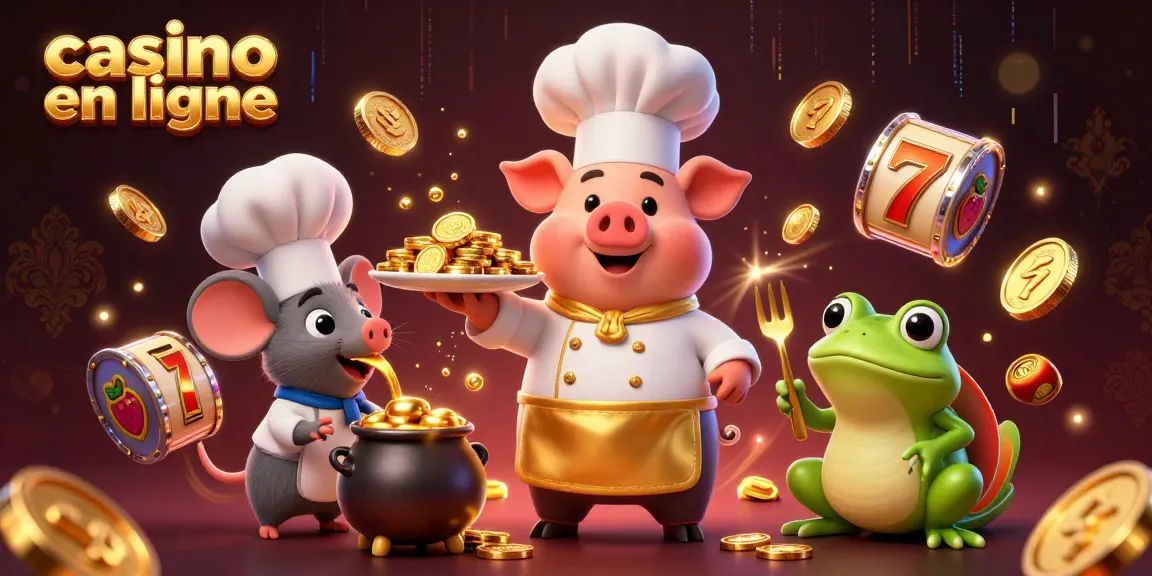 Le jeu sur un casino en ligne où un chef cochon présente des pièces d'or, entouré par des symboles de machines à sous.