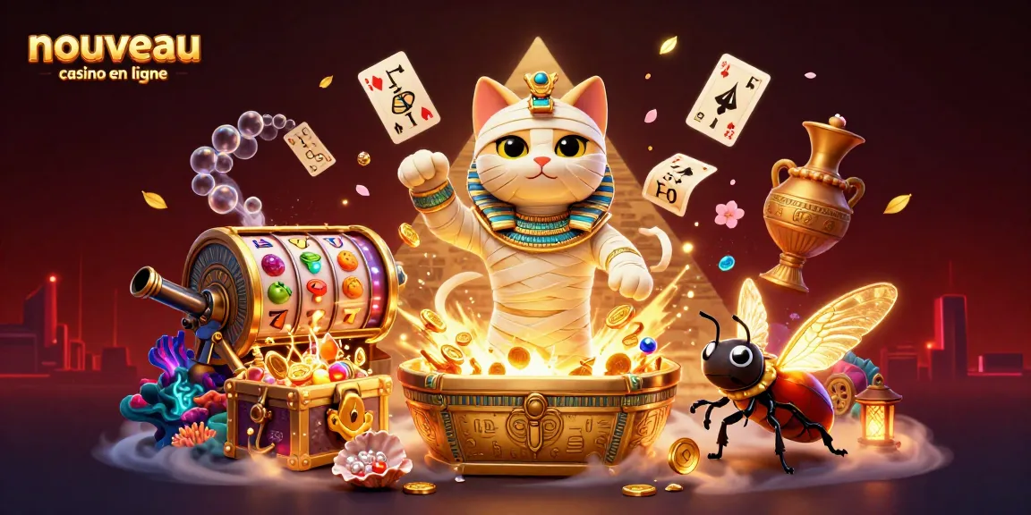 Plongez dans l'univers des jeux avec le nouveau casino en ligne, illustré par un chat momie égyptienne et des symboles de chance.