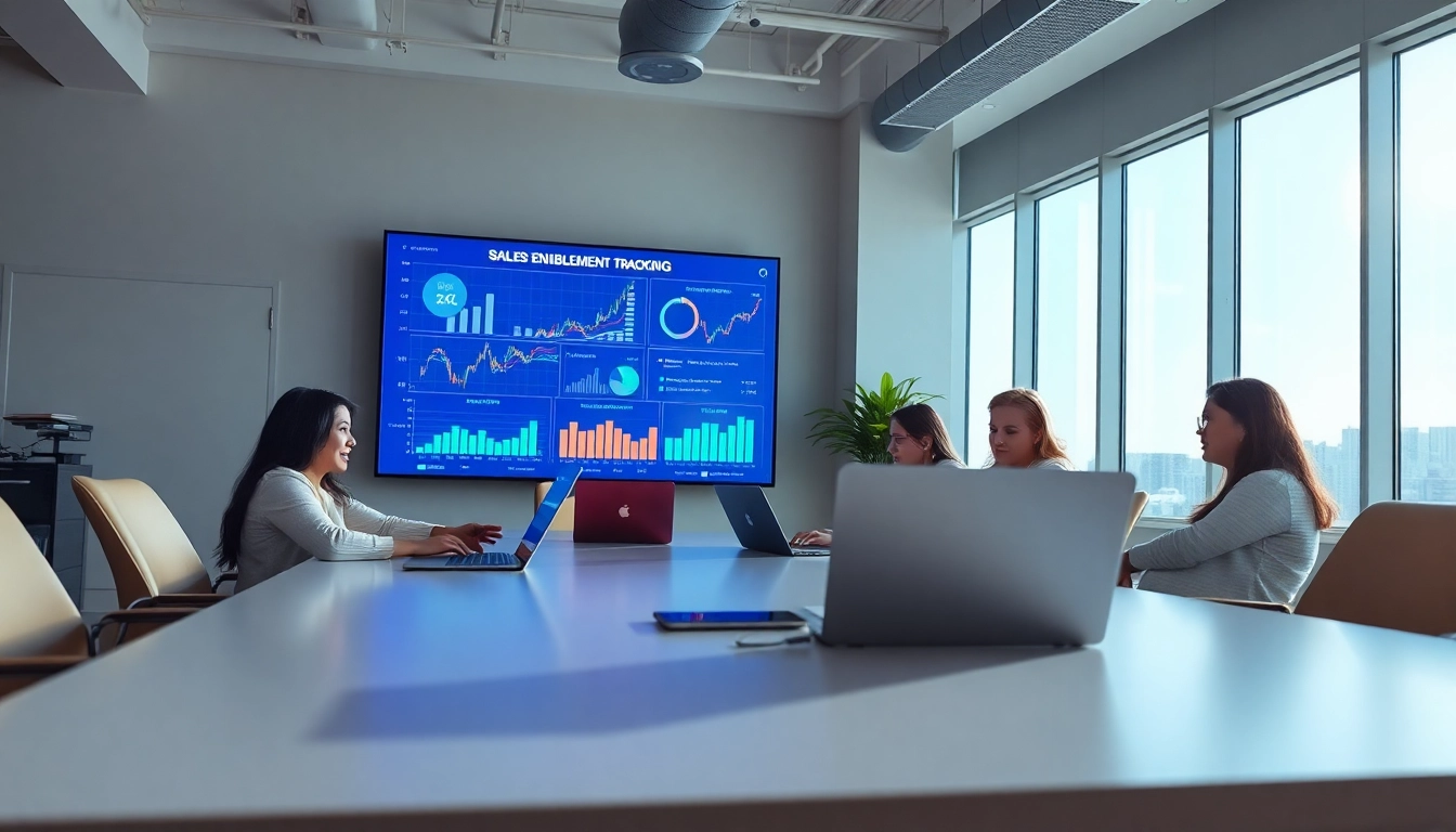 Engaged sales team actively reviewing sales enablement content tracking data in a modern office setting.