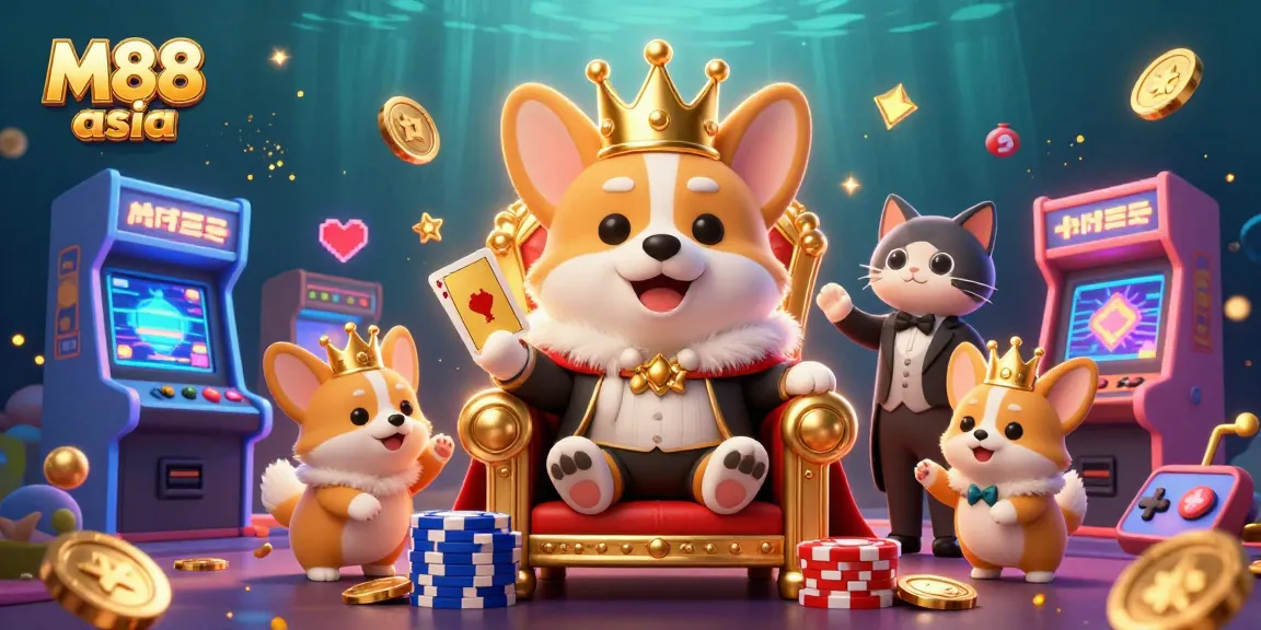 M88 asia showcases a vibrant 3D scene with a royal corgi on poker chips and engaging casino elements.