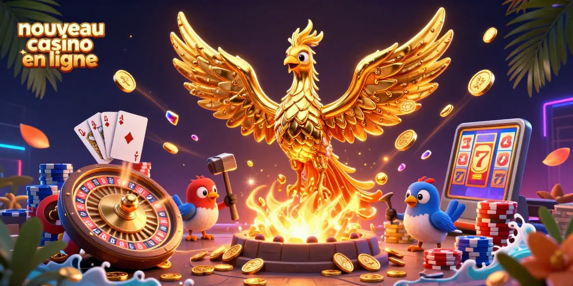 Rejoignez le nouveau casino en ligne avec cette illustration spectaculaire d'un phénix doré et de pièces flamboyantes.