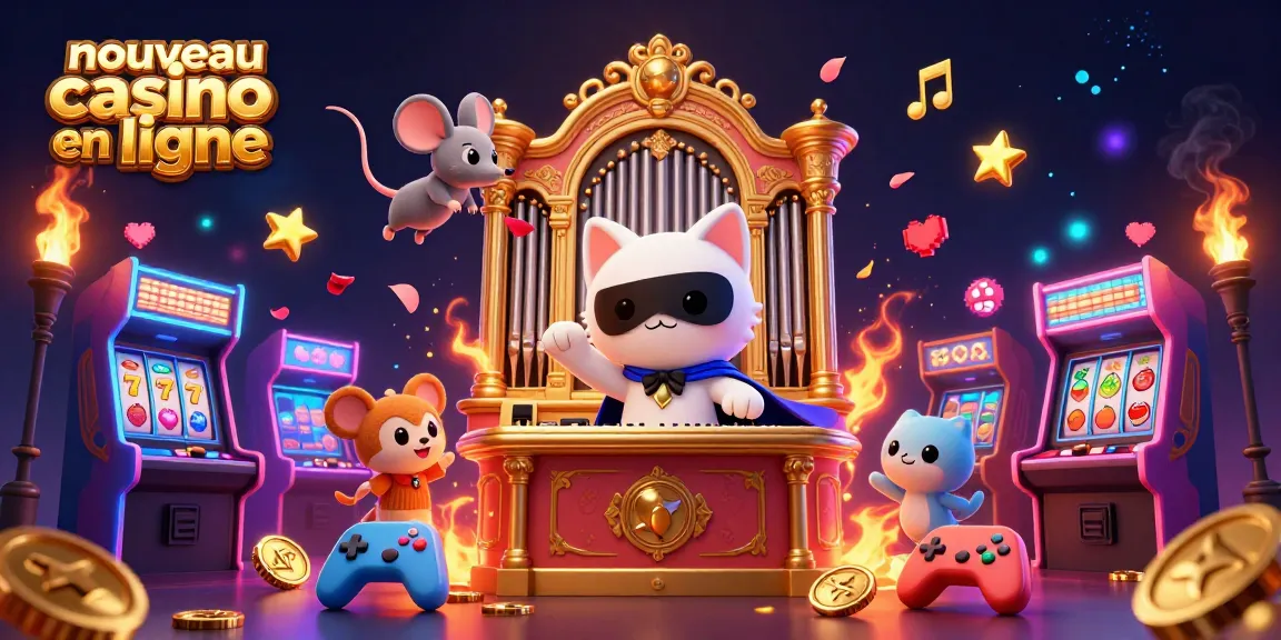 Nouveau casino en ligne avec un chat en masque et un orgue, ambiance dynamique de jeux d'arcade et de machines à sous.