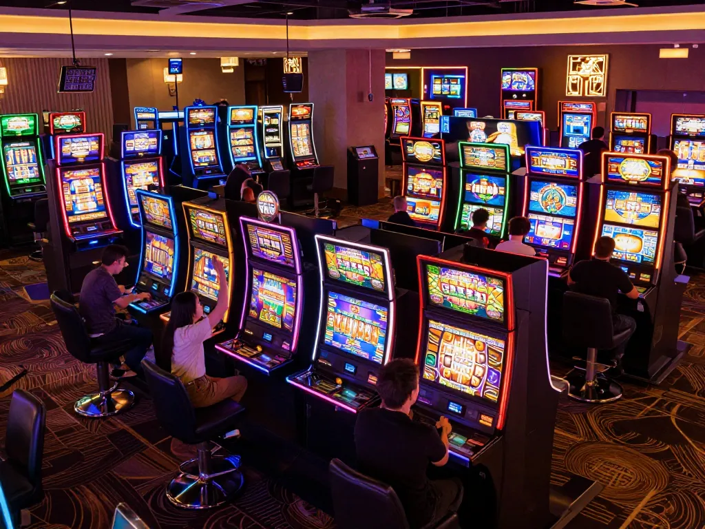 Players enjoying slot machine games with colorful displays and celebrating wins in a lively casino scene.