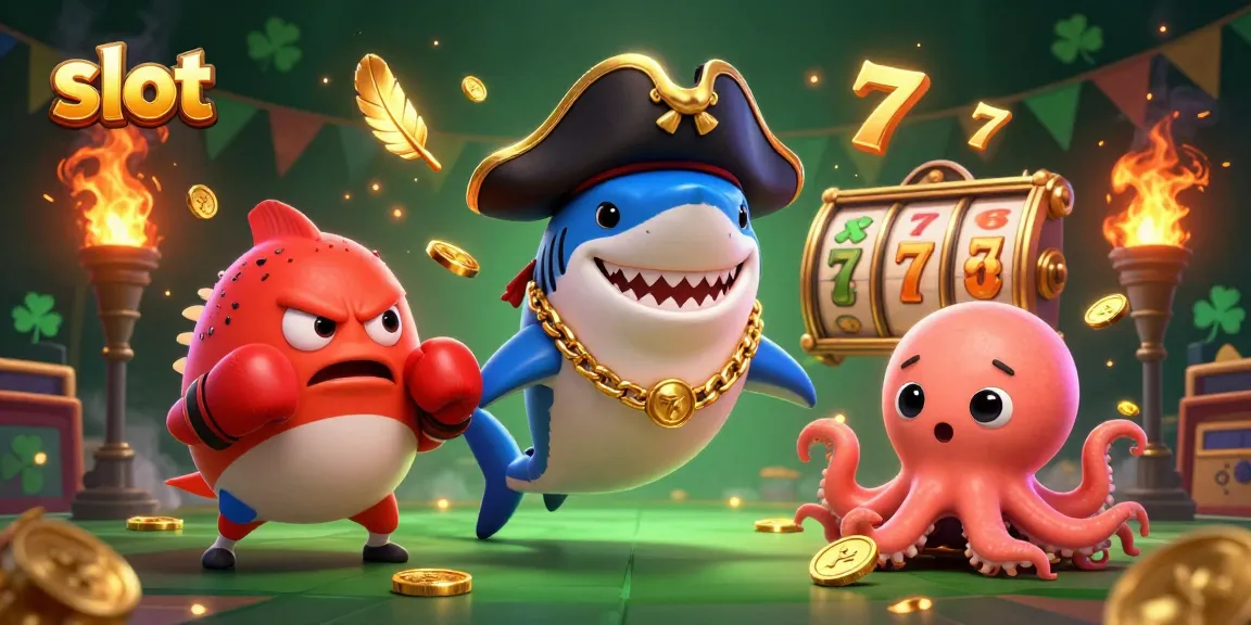 Experience slot excitement with a cartoon shark and friends in a vibrant casino scene.