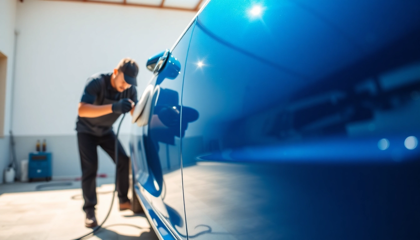 Mobile full detail service showcasing a technician polishing a luxury car with attention to detail.