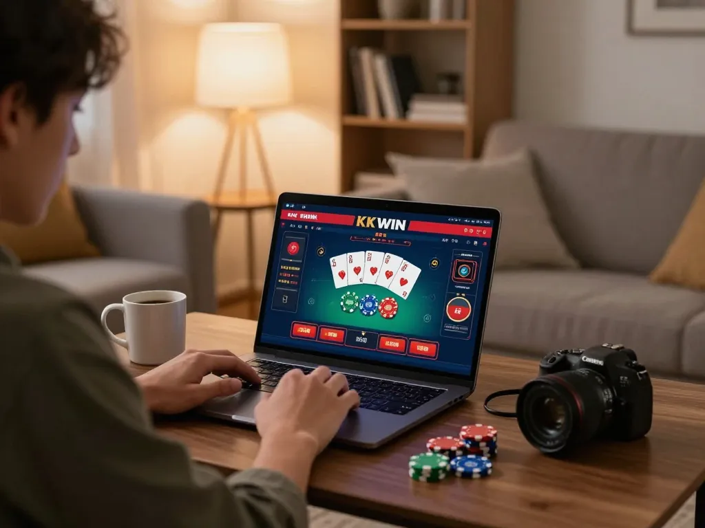 Engaging in a rewarding online KKWIN casino gaming session at home with comfortable setup.