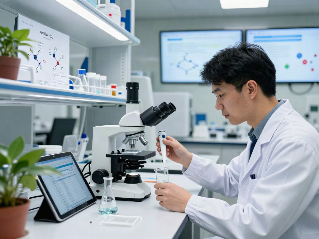 Scientist examining GHK-Cu research peptides in a laboratory setting.