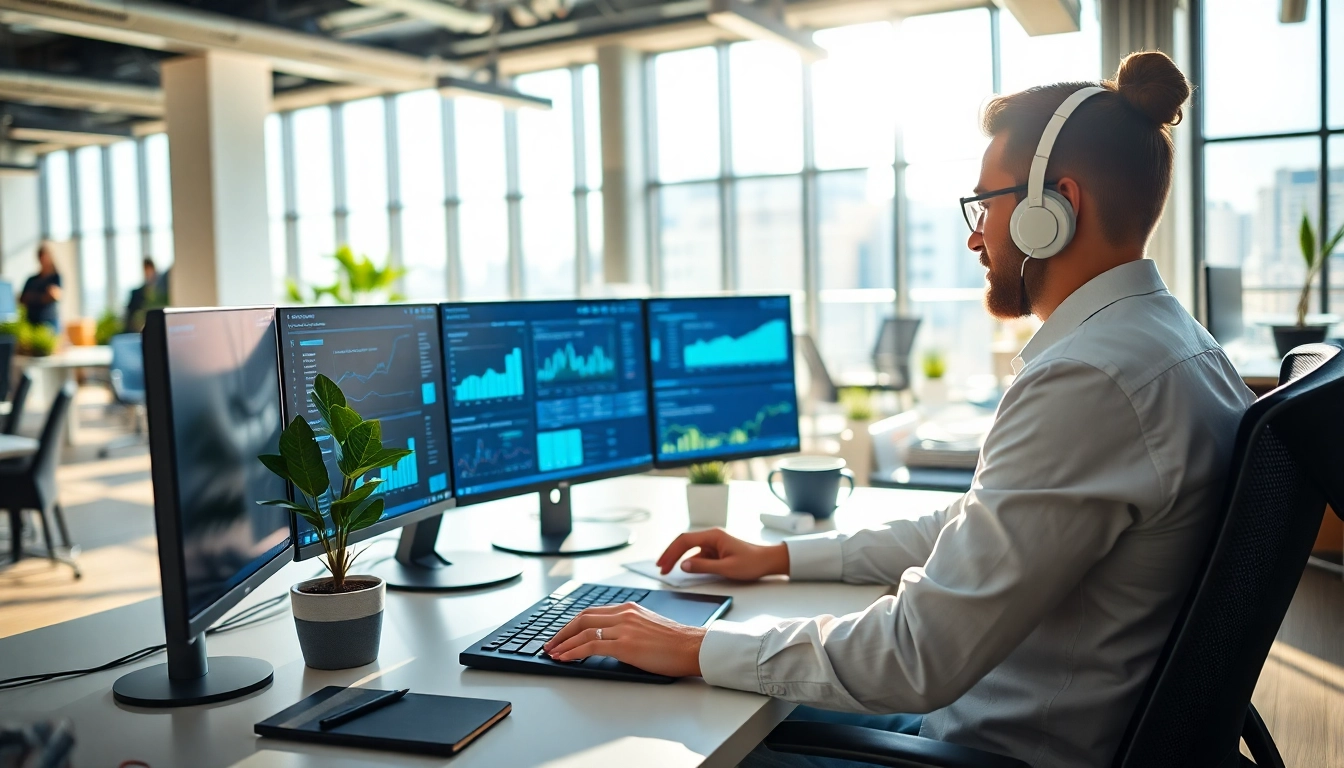 Engaged enterprise assistant analyzing data on multiple screens in a modern office setting.