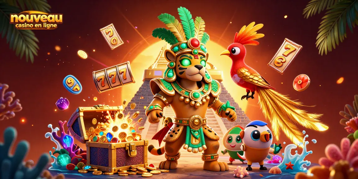 Découvrez un nouveau casino en ligne avec l'illustration d'un prêtre jaguar et des éléments de jeu captivants.