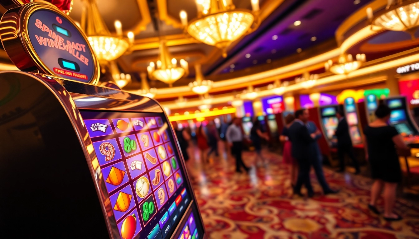 Engaging slot jackpot scene showcasing a vibrant casino floor, celebrating wins with glowing reels.