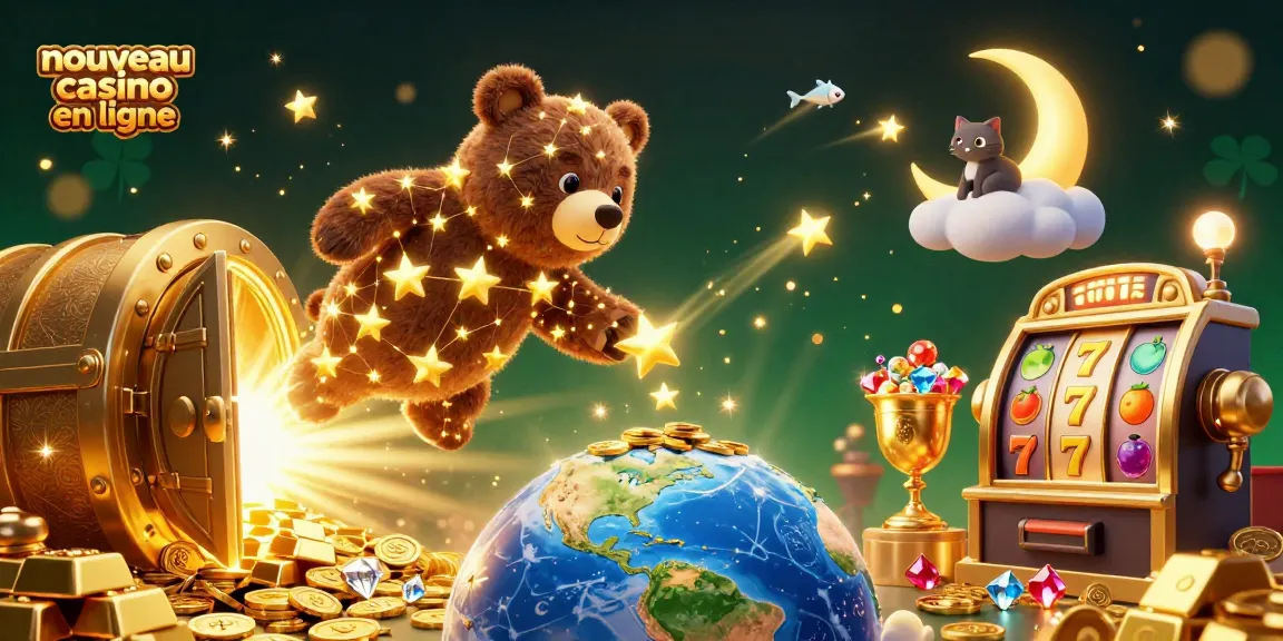 Nouvelle illustration de casino en ligne montrant un ours constellation et des symboles de machines à sous.