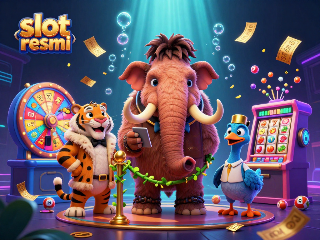 Engage with slot resmi in an ultra-detailed 3D casino scene featuring colorful game elements and vibrant characters.
