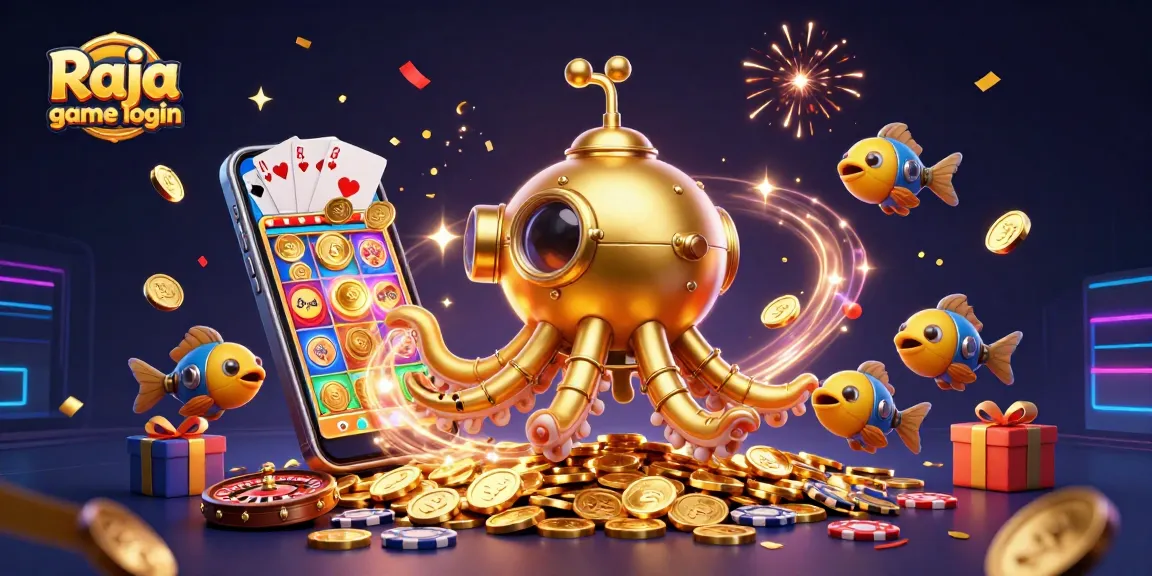 Experience the thrill of Raja game login with a vibrant 3D illustration featuring a kraken submarine, golden coins, and exciting slot games.