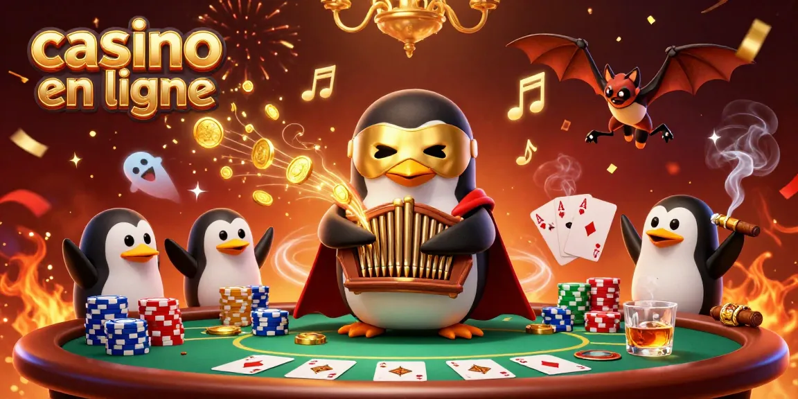 Le pingouin fantôme et la chauve-souris acrobate, symboles d'un casino en ligne, entourés de poker et de pièces d'or.