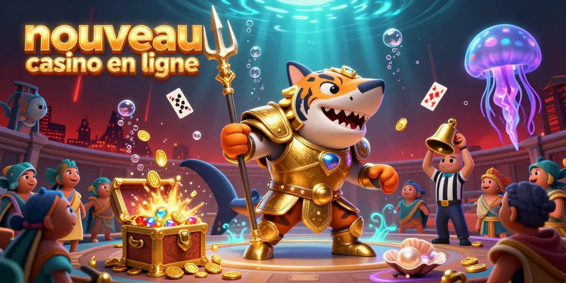Jouez au nouveau casino en ligne avec un tigre requin en armure dorée dans un colisée sous-marin, entouré de trésors.