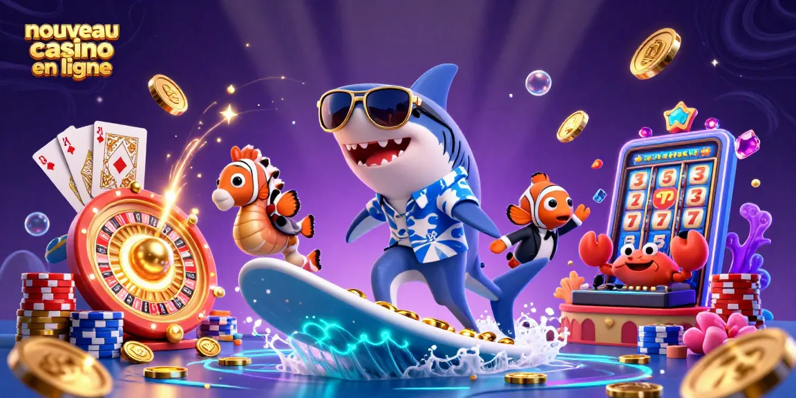 Illustration dynamique d'un nouveau casino en ligne avec requin, poissons et éléments de jeu.