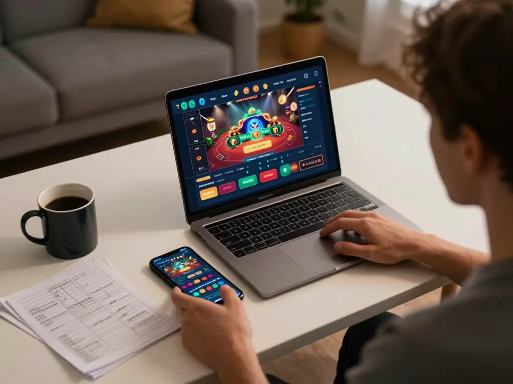 Cảnh chơi game trực tuyến hấp dẫn cho thấy việc sử dụng m88 mới nhất hôm nay trong một không gian ấm cúng với các ứng dụng casino trên các thiết bị