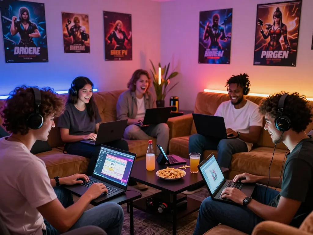 Group enjoying free sex games together in a cozy gaming lounge with vibrant décor.