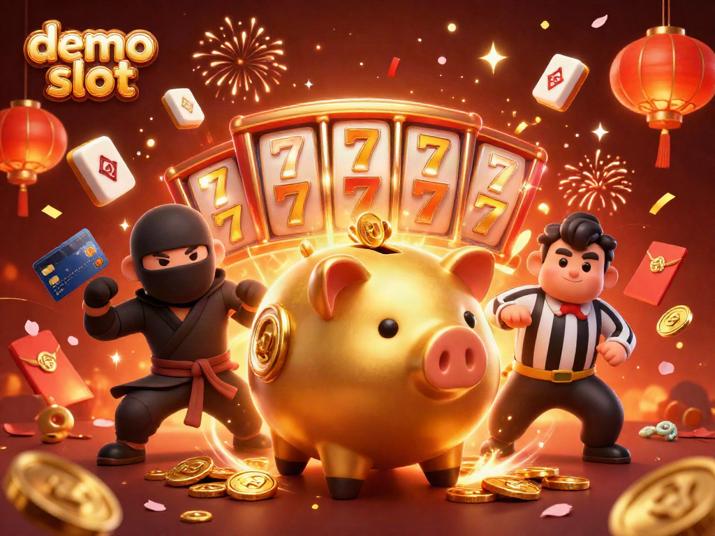 Engaging demo slot illustration with a golden piggy bank wrestler surrounded by festive casino elements.