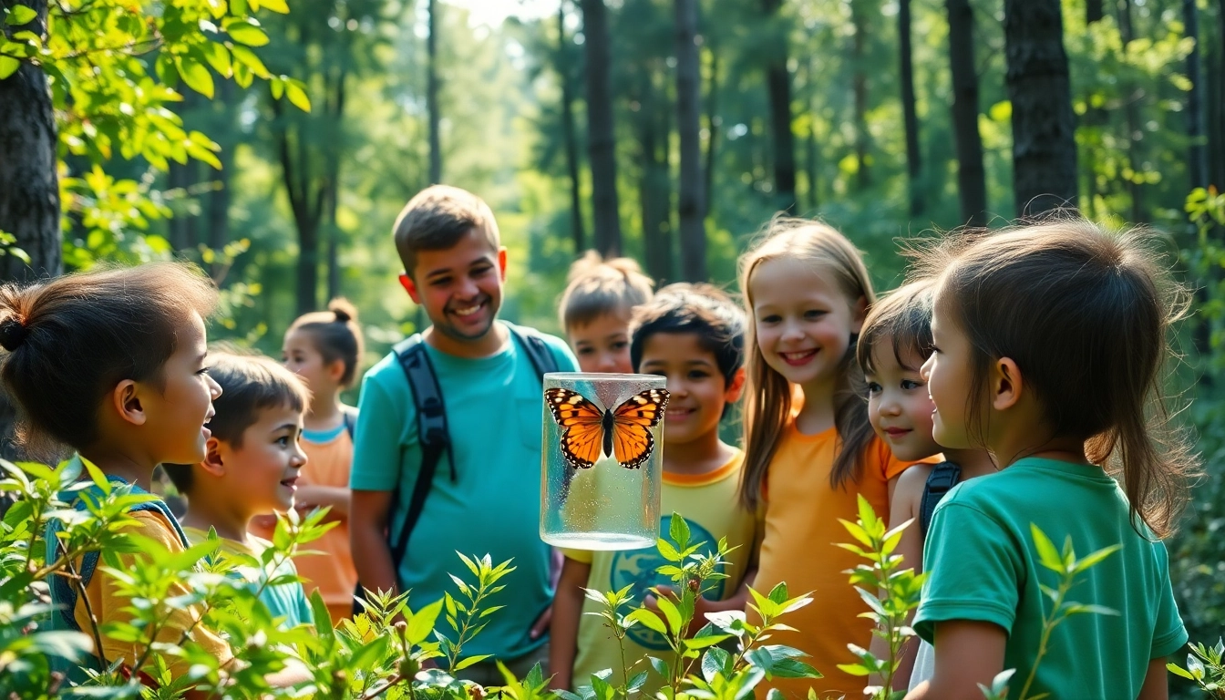 Engaged kids at a science and nature camp learning about butterflies in a vibrant forest setting.