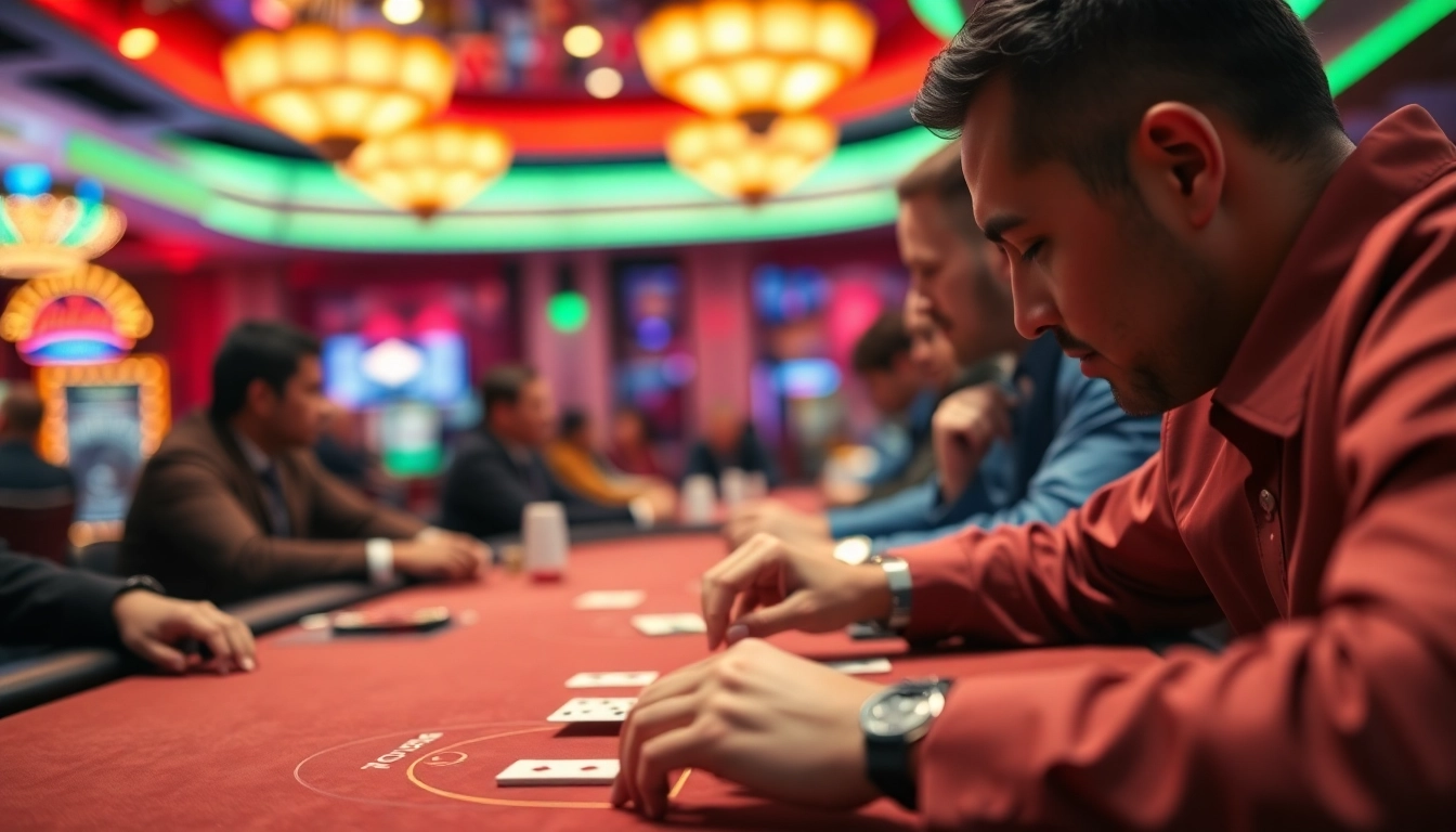 Rasakan keseruan login poker88 saat bermain di meja poker dengan lampu kasino berwarna-warni.