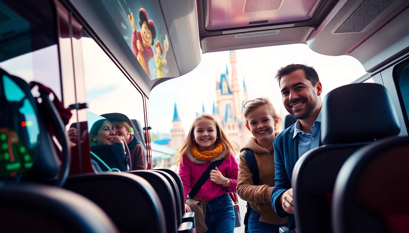 Experience Disneyland Paris airport transfer services with a family boarding a colorful shuttle bus.