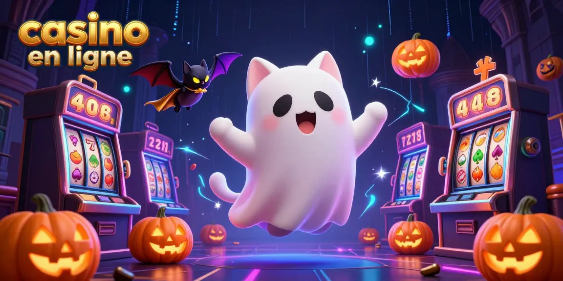 Vivez l'excitation du casino en ligne avec un chat fantôme flottant et des symboles de jackpot.