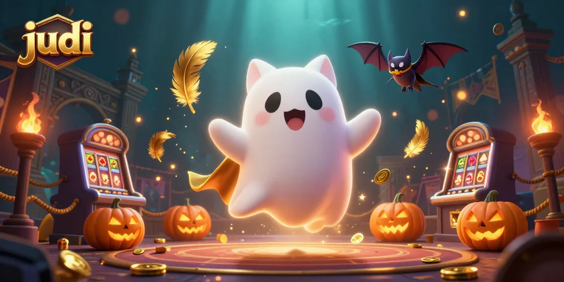 Engage in judi with friendly ghost cat in a haunted casino surrounded by glowing features.