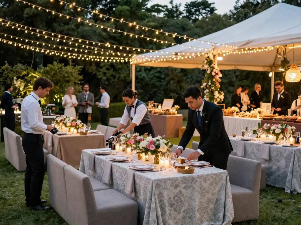 Event rental ksa outdoor setup with elegant tent, decorated tables, and ambient lighting